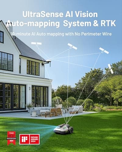 YUKA Mini 500H Robotic Lawn Mower with Garage Standard, Reception 0.12 Acre, Max Mowing 0.17 Acre, Ultrasense AI Vision+ RTK, Auto Mapping, 50% Slope, Cutting Height 2''~3.5'', 15 Mowing Zones