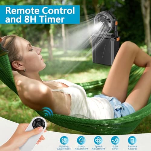 GHORA Portable Misting Fan with 9L Water Tank, 20000mAh Rechargeable Battery Camping Fan, Outdoor Cooling Fans for Patios with Remote & LED, 4 Speeds, 4 Spray Mister Modes, for Home, Outside