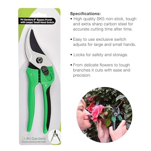 8 Inch Garden Pruner with a SK5 Carbon Steel, Non-stick, Rust Resistant Blade. Adjustable for Small and Large Hands