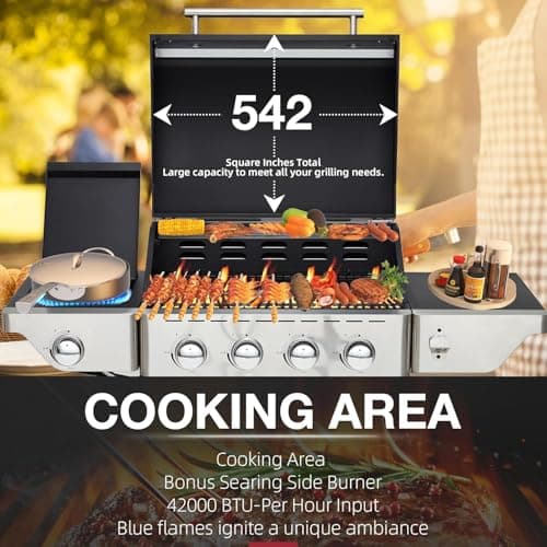 4-Burner Propane Gas Grill with Side Burner, Stainless Steel Spice Rack 542 Sq.In BBQ, 45,000 BTU Portable Propane Grill Output for Outdoor Cooking Kitchen, Barbecue Garden Patio Backyard