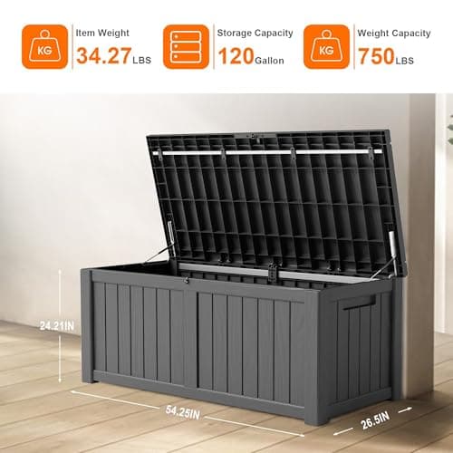 120 Gallon Resin Deck Box, Lockable Patio Outdoor Storage Box for Furniture, Garden Tools and Tools Storage, Waterproof Outside Storage Boxes - Black
