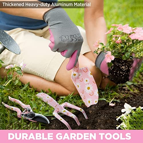 WORKPRO 5PCS Gardening Tools, Aluminum Heavy Duty Garden Tool Set with Bag, Ideal Gardening Gifts for Women, Pink