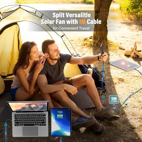 10400mAh Solar fan, Camping Fan with Solar Panel, 7W Rechargeable Solar Powered for Outside, LED Lantern, Stepless Speed and Quiet Battery Operated for Picnic, Barbecue, Fishing, Travel