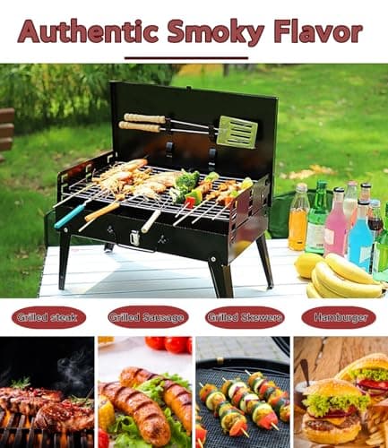 Portable Charcoal Grill Kit - 17.3" Folding BBQ Grill, Adjustable Heights,5 Skewers, 1 Spatula, 1 Fork, Mini Tabletop Grill, Small Grill Outdoor for Camping, Grilling Backyard, RV, Tailgating, Picnic