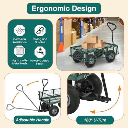 Garden Cart Wagon - 400 lbs Capacity Heavy-Duty Steel Mesh Utility Cart with Removable Sides, All-Terrain Wheels & Pull Handle for Yard, Lawn & Garden Hauler
