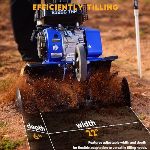 Rear Tine Tiller– 7HP 212CC 4-Cycle Gas Engine, 22" Adjustable Width, Heavy Duty High Carbon Steel Tines, Instant Reverse, Tiller for Gardening, New Ground Breaking & Deep Soil Cultivation