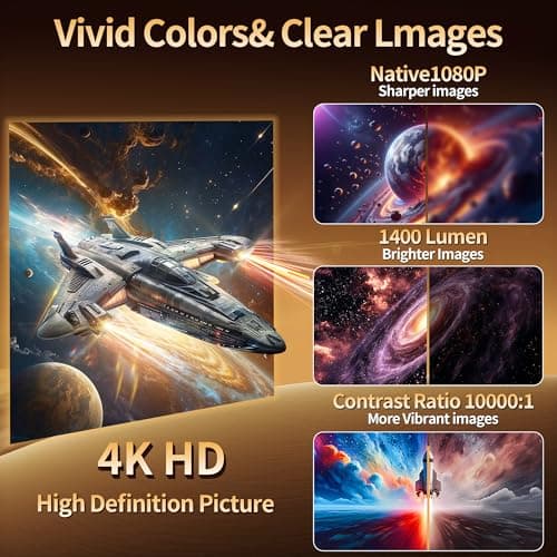 Projector 1080P Full HD, 4K Projector with 180° Rotation, Built-in App Portable Projector WiFi 6 & Bluetooth 5.2 Support,Featuring Auto Keystone Correction,HDMI/USB Connectivity Projector Black