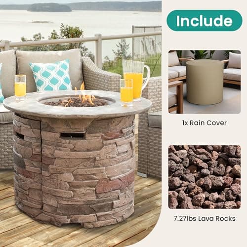 SUNBURY Outdoor Fire Pit Propane Round Fire Pit Table Fire Column, Stonecrest 40,000 BTU Gas Fire Pits for Outside w Lava Rocks, Waterproof Cover, CSA Certified