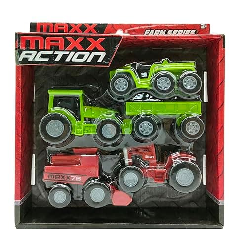 Maxx Action Farm Construction 5pk Toy Truck Set, Includes Wagon, 6x6, Modern Tractor, Combine and Vintage Tractor Vehicles with Moving Parts, Cake Toppers, Ages 3+ - Sunny Days Entertainment