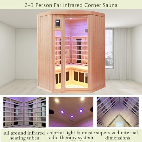 Ceramic Infrared Sauna 2-3 Person Far Infrared Saunas for Home Low EMF Indoor Home Sauna Hemlock Wooden Corner Sauna Room w/Bluetooth Speaker, LED Reading Lamp, Chromotherapy Light