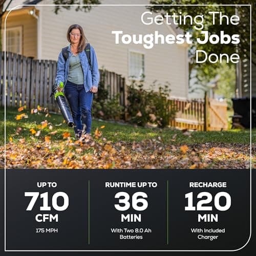 Greenworks 40V (175 MPH / 710 CFM) Dual Port Cordless Brushless Backpack Leaf Blower, (2) 8.0Ah Battery and Charger Included