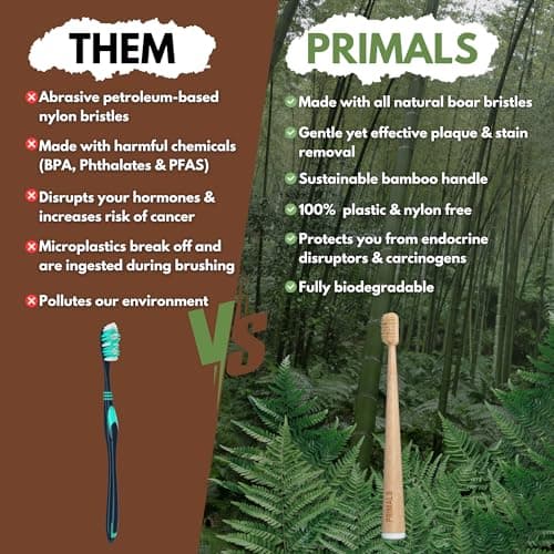 PRIMALS Boar Bristle & Bamboo Toothbrush (4-Pack) - Premium Boar Bristles - Fully Biodegradable - Plastic & Nylon Free - Quick Dry Design
