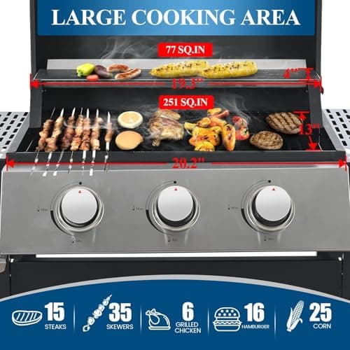 Gas Grill, Stainless Steel 30,000 BTU Patio Garden Barbecue Grill, 3 burner propane grill with Top Cover Lid, Wheels, and 2 Side Shelves, for Outdoor Patio Garden Picnic Back