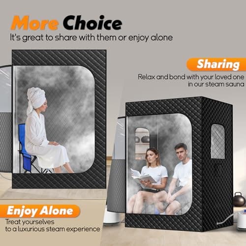 2 Person Portable Steam Sauna for Home, Extra Large Sauna Box, Upgraded 2 Steamer, 2 Foldable Chair & Remote Control