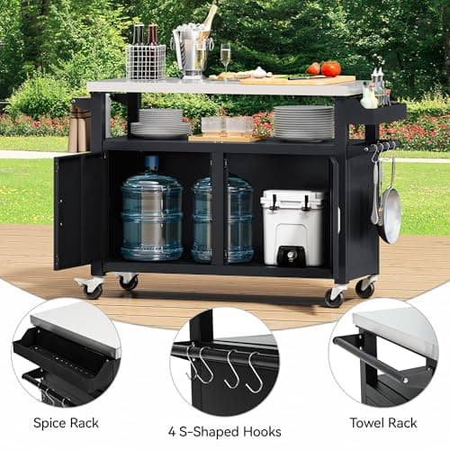 YITAHOME XL Outdoor Grill Cart with Stainless Steel Top, Outdoor Grill Table with Storage Cabinet for Patio, Kitchen Prep, Grilling Accessories, Black