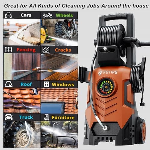 2025Upgraded Electric Pressure Washer with Adjustable Touch Screen 5000PSI 3.3GPM/8 Level, 58Total Long, 4 Quick Connect Nozzles,Inlet Hose&Filter&Foam Cannon for Cars/Fences/Driveways/Home Cleaning