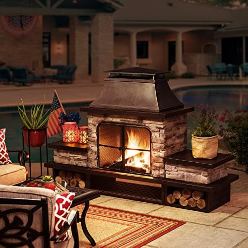 Sunjoy Outdoor Fireplace, Patio Wood Burning Fireplace with Steel Chimney, Mesh Spark Screen Doors, Fire Poker, and Removable Grate, Black