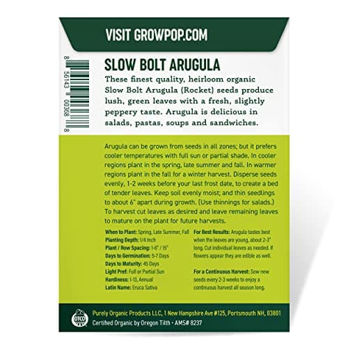 Purely Organic Arugula Seeds (Slow Bolt) - Approx 400 Seeds - USDA Organic, Non-GMO, Open Pollinated, Heirloom, USA Origin