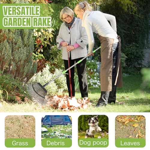 Joyhalo Rake for Leaves Adjustable 65 Inch Long, 18 Inch Wide Garden Rake with 25 Tines, Metal Leaf Rakes, Rakes for Lawns, Gathering Leaves, Weeds, Debris