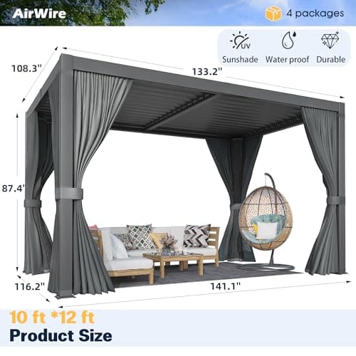 Pergola 10x12 Ft Louvered Pergola Aluminum Outdoor Pergolas W/Adjustable Roof, Waterproof Curtains and Nets Outdoor Gazebo for Deck,Patio,Backyard and Garden