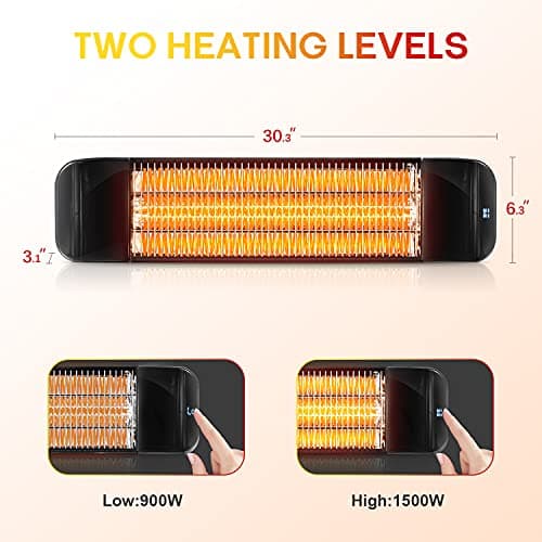 Electric Patio Heater with Remote Control - 1500W Carbon Infrared Outdoor Heaters for Patio, IP65 Waterproof, 2 Levels of Power - 120V Wall Mounted Space Heater for Bedrooms, Backyards, Garages, Black