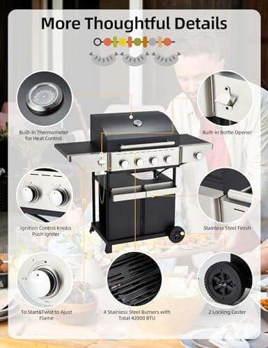 4-Burner Propane Gas Grill with Side Burner, Stainless Steel Spice Rack 542 Sq.In BBQ, 45,000 BTU Portable Propane Grill Output for Outdoor Cooking Kitchen, Barbecue Garden Patio Backyard