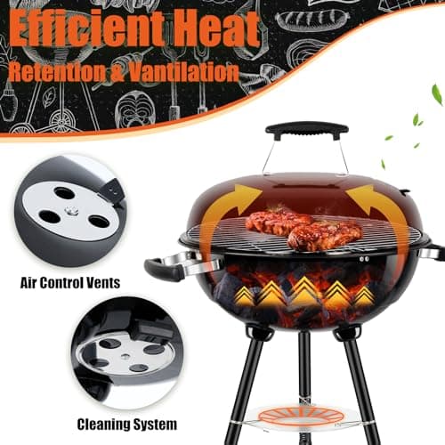 18 Inch Kettle Charcoal Grill, Leonyo Outdoor Barbecue Kettle Grill, Portable Round Smoker with Wheels, Porcelain-Enameled Lid & Fire Bowl, Perfect for Camping/Backyard/Tabletop Cooking/BBQ Party