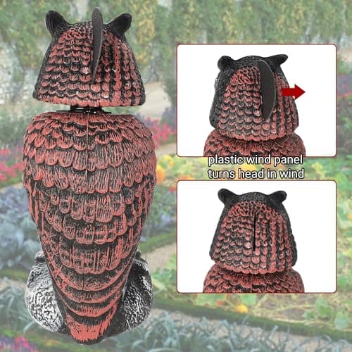 Hausse 2 Pack Fake Owl Decoys to Scare Birds Away, Rotating Head Plastic Owl Bird Deterrents, 10.6 Inch Height Bird Scarecrow Nature Enemy Horned Pest Repellent for Outdoor Garden Yard