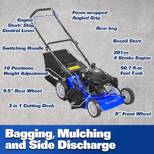 BILT HARD 201cc Push Lawn Mower, 3-in-1 Gas Lawnmower 21 Inch with 4-Cycle Engine, Bagging, Mulching and Side Discharge, Adjustable 10-Positions Cutting Height, Easy Start