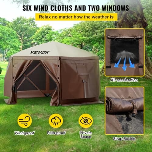 VEVOR Pop Up Gazebo Screen Tent 12 x 12 Ft, 6-Sided Camping Gazebo Instant Canopy Sun Shelter with 6 Removable Privacy Wind Cloths, Mosquito Netting, 300D Oxford Cloth for Patio, Backyard, Lawn