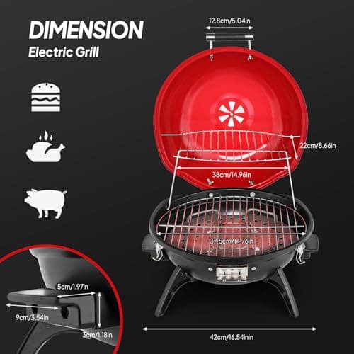 ROVSUN Tabletop Electric Grill with Temperature Control, Double Layer Design, 304 stainless, Portable Removable -Perfect Small Stove for Indoor and Outdoor BBQ, 1600W, Red