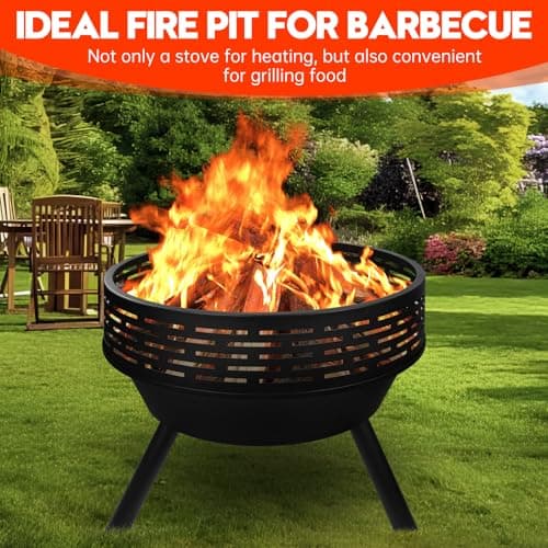 23 Inch Cast Iron Round Fire Pit with Grill, 3-in-1 Outdoor Fire Bowl, Fire Pit Table with Metal Lid and Fire Poker, Wood Burning Firepit for BBQ Bonfire Patio Picnic