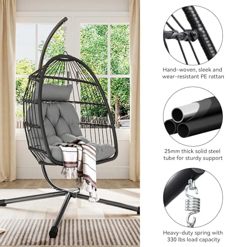 YITAHOME Hanging Egg Swing Chair with Stand Egg Chair Wicker Indoor Outdoor Hammock Egg Chair with Cushions 330lbs for Patio, Bedroom, Garden and Balcony, Dark Gray(Stand Included)
