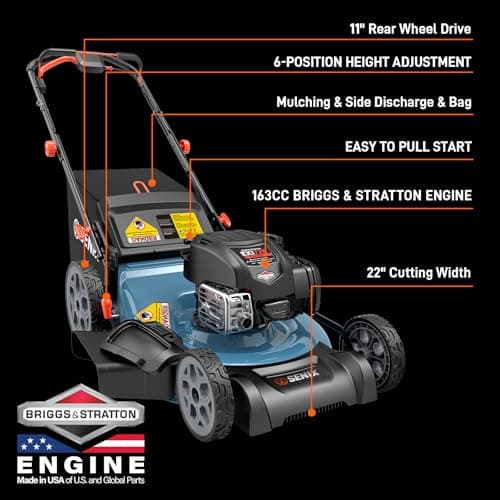 SENIX LSSG-H2 22-Inch Self Propelled Gas Lawn Mower with 163 cc 4-Cycle Engine, 3-in-1 Rear Wheel Drive Variable Speed Lawnmower, 6-Position Height Adjustment with 11-Inch Rear Wheels