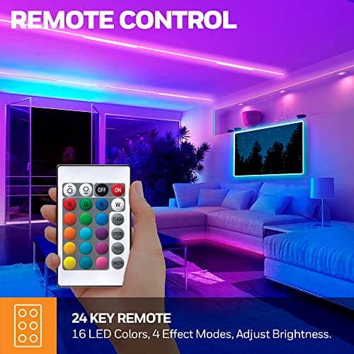 Honeywell 16.4ft Indoor LED Strip Light - Color Changing RGB, Motion Activated with Remote Control - for Bedroom, Kitchen, Dorm, Game Room, Cabinets, Etc - Wall Plug 12 Volt No Battery