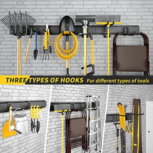 Garage Storage, Garage Organization, Wall Mount Garden Tool Organizer 48 Inches, 440lbs Adjustable Heavy Duty Metal Hooks, Yard Shed Rack Holder System Hanging Rake Broom Mop Snowboard, Men Gift