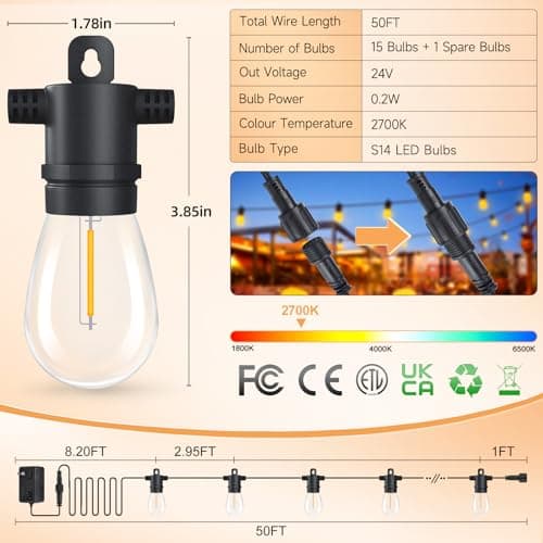 LED Outdoor String Lights Patio - 50FT Dimmable Hanging Light with Remote, Waterproof Shatterproof Edison Bulbs, 3 Modes 2 Timer Outside Lighting Connectable for Graden Porch Backyard Balcony Cafe