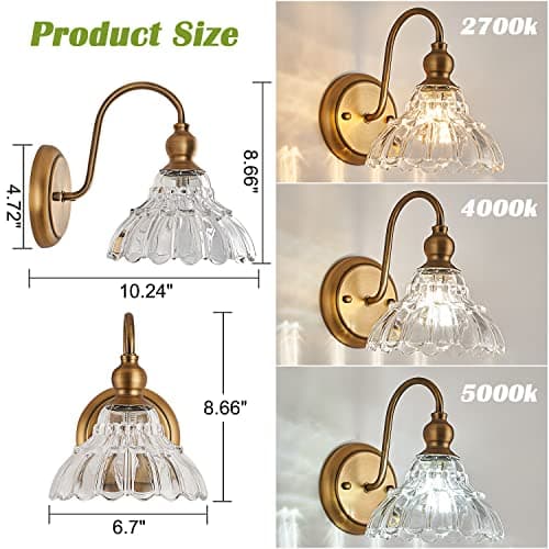Vintage Brass Wall Sconce Bronze Bathroom Wall Light Made of Electroplated Copper Body and Pressed Patterned Glass Retro Vanity Lights for Bedroom, Doorway, Hallway