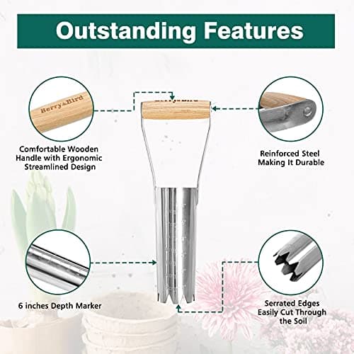 Garden Bulb Planter with 6 inches Depth Mark, Garden Bulb Transplanter Tool with Wooden Handle, Stainless Steel Soil Release Tool for Transplanting Digging Planting Flowers