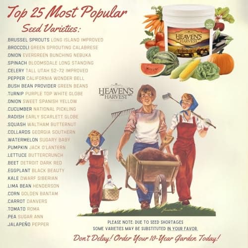 Heaven’s Harvest “10 Year Garden” Survival Seed Bank Kit | Over 25k Non-GMO Heirloom Vegetable Survival Seeds + 2 Free Bonus Items: Clyde’s Garden Planner + Seed Vault Storage Drum for 10 Year Storage