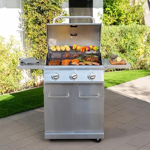 Nexgrill Stainless Steel 3-Burner Propane Gas Grill w/Foldable Side Shelves, 40,500BTUS, 591.05 sq. in. Cooking Area, Perfect for Outdoor Cooking & Grilling, BBQs, Backyard, Tailgating, 720-0830MN