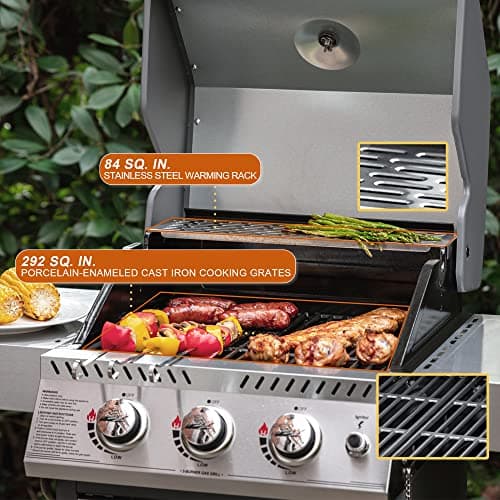 Royal Gourmet GG3001S 3 Burner Propane Gas Grill with Warming Rack, Stainless Steel Cabinet Style Gas Grill with 25,500 BTUs Output for Barbecue Grilling & Backyard Cooking, Silver