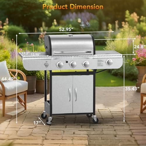 3-Burner Propane Gas Grill with Side Burner,Stainless Steel BBQ Grill with Porcelain-Enameled Cast Iron Grates,37000 BTU Barbecue Grill, Suitable for Patio,Camping,Outdoor Cooking