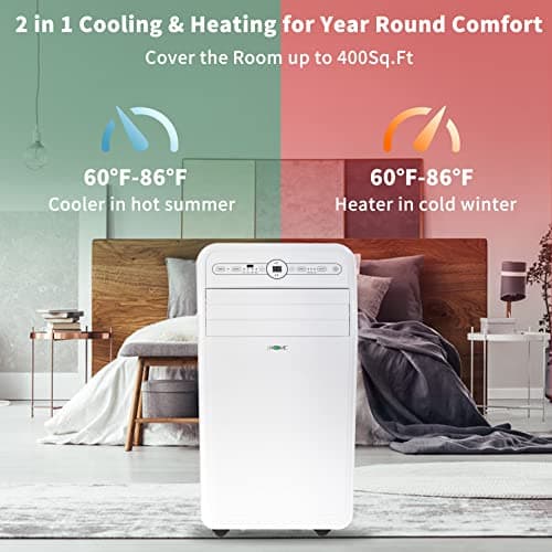 Uhome 12,000 BTU, 2024 New Portable Air Conditioner with Heat, 4-in-1 function Dehumidifier & Fan, Cools & Heats Space up to 400 Sq.ft, Remote Control and Window Kit Included, White