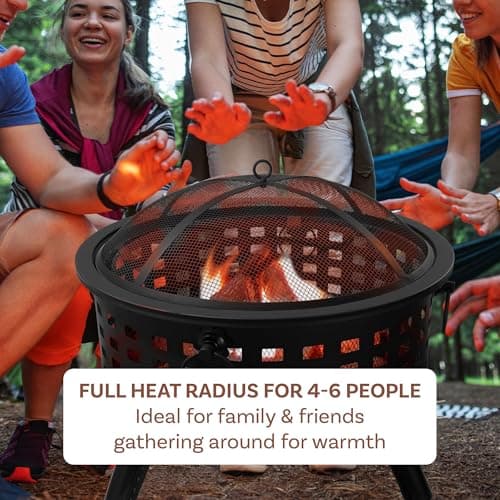 Outdoor Fire Pit - 26-Inch Round Lattice Wood Burning Firepit with Screen, Poker, Grate and Cover - Wood Fire Pits & Outdoor Fireplaces by Pure Garden