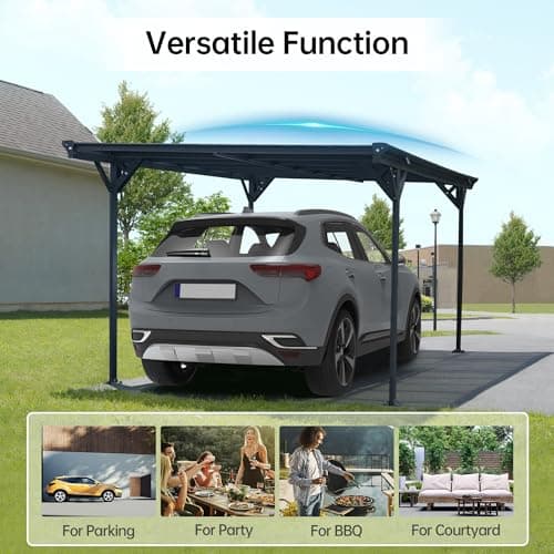 Real Relax Metal Carport 10 x 16ft with Heavy Duty Metal Frame & Pitched-Roof Polycarbonate Panel Canopy, Sturdy Canopy Shelter for Car, Truck, Pickup, SUV, Tractor, and Boat, Grey