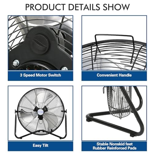 BILT HARD 20" High Velocity Floor Fan, 4600 CFM 3-Speed Industrial Shop Fan with Wall-Mounting System, Heavy Duty Metal Fan for Workshop, Garage and Warehouse