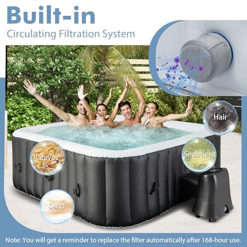 GYMAX Hot Tub, Inflatable Hot Tub with 130 Soothing Bubble Air Jets, Insulated Lockable Cover, Ground Mat & Filter Cartridges, Outdoor Blow Up Spa Tub for Backyard, Patio (Square, 4-6 Person)