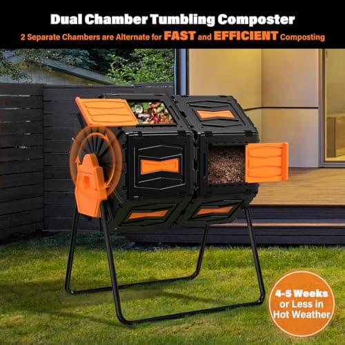 Compost Tumbler, Easy Assemble & Efficient Outdoor Compost Bin, 45 Gallon/170 Liter Large Dual Chamber Rotating Composter for Garden, Kitchen, and Yard Waste, Orange Door