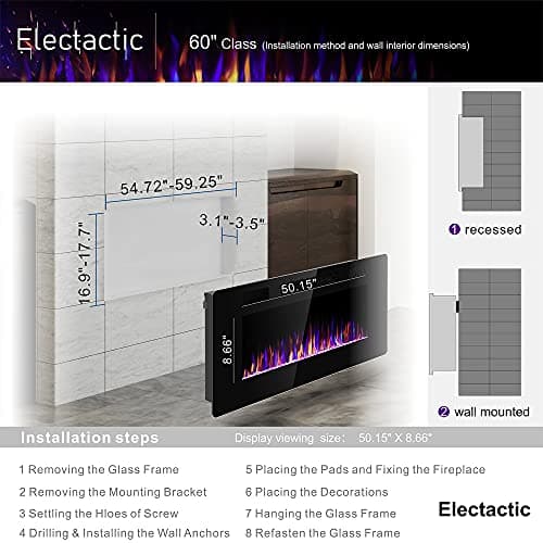 60 inches Electric Fireplace Recessed and Wall Mounted, Fireplace Heater and Linear Fireplace, with Timer, Remote Control, Adjustable Flame Color, 750w/1500w, Black